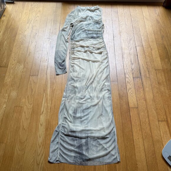 Zara Size M Beige & Gray Tie Dye Printed Tulle Ruched One Shoulder Maxi Dress - Picture 14 of 16